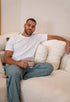 Men summer pajama set White T-shirt + Dark Green X White Striped Pants